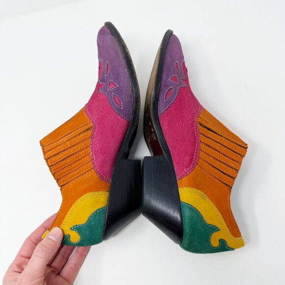 Vintage 90s Circle S Multicolor Leather Western Ankle Booties Women's 8 Slip On - Picture 5 of 10